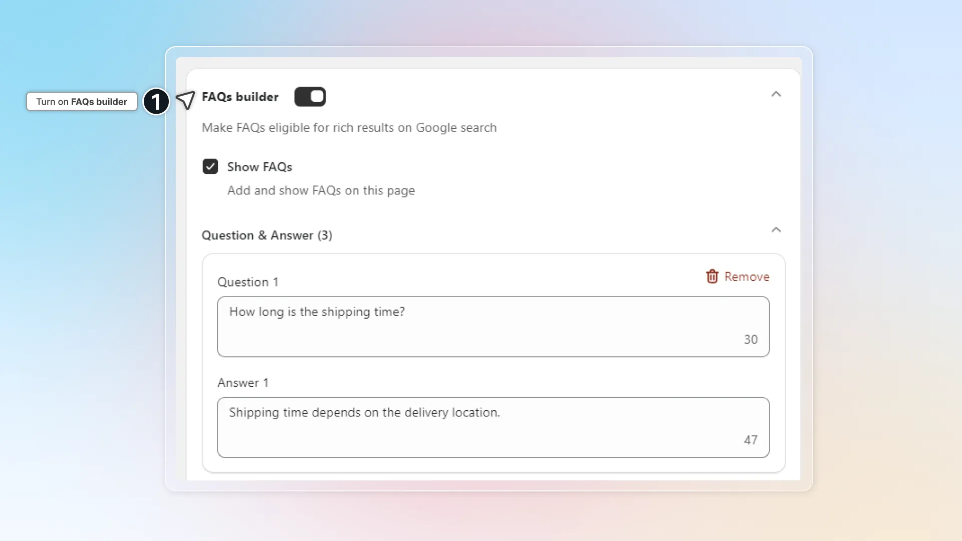 Turn on FAQs builder in page