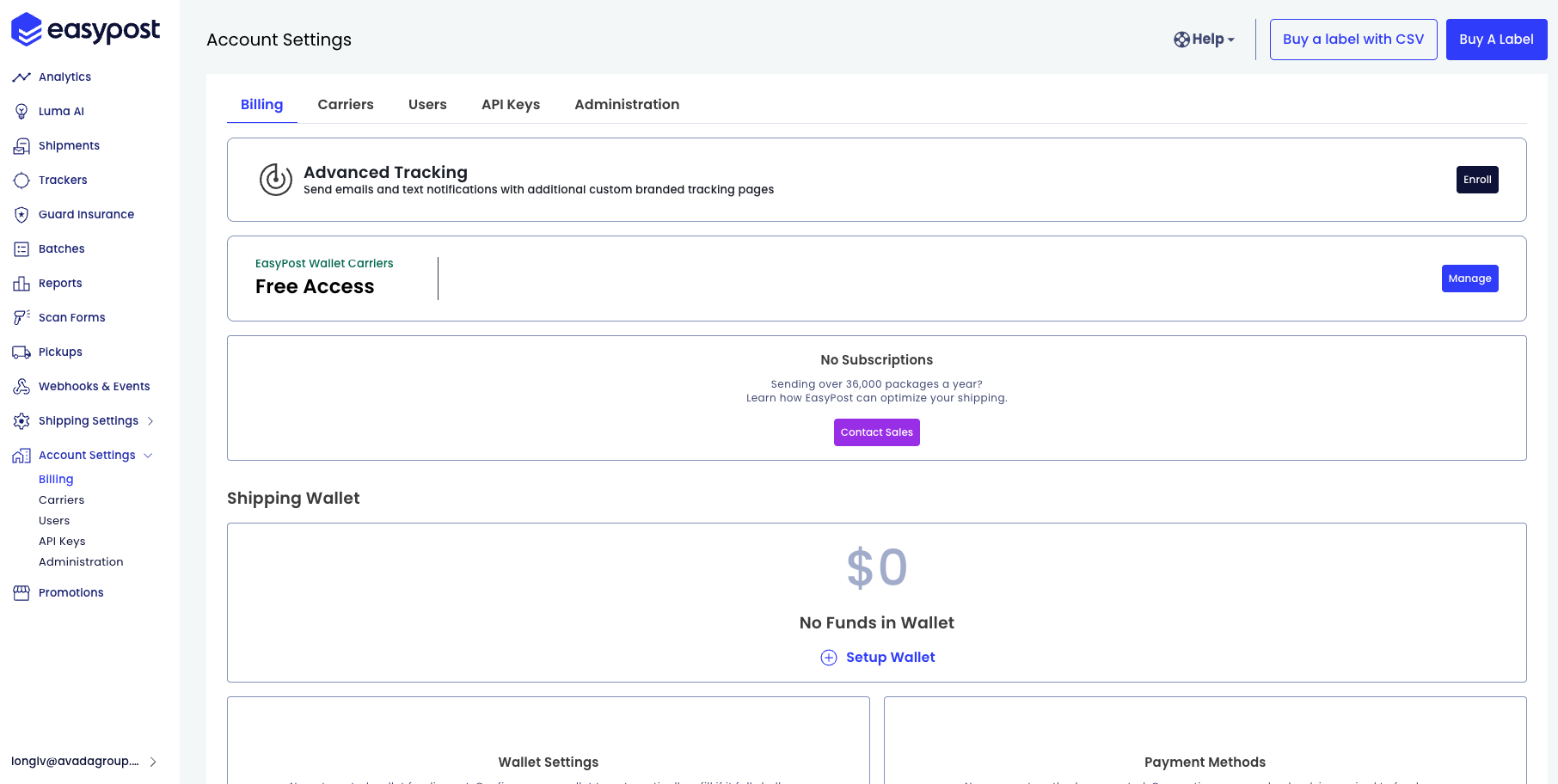 Open Account Settings → Billing in EasyPost
